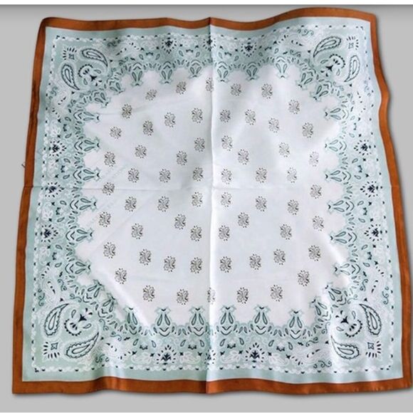 Scarf Neckerchief Paisley Print in Mint & Caramel 27” Square - Picture 3 of 6